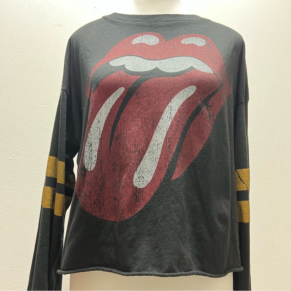 ROLLING STONES Women's Sz L Long-Sleeve Graphic Print Crewneck Crop T-Shirt Top